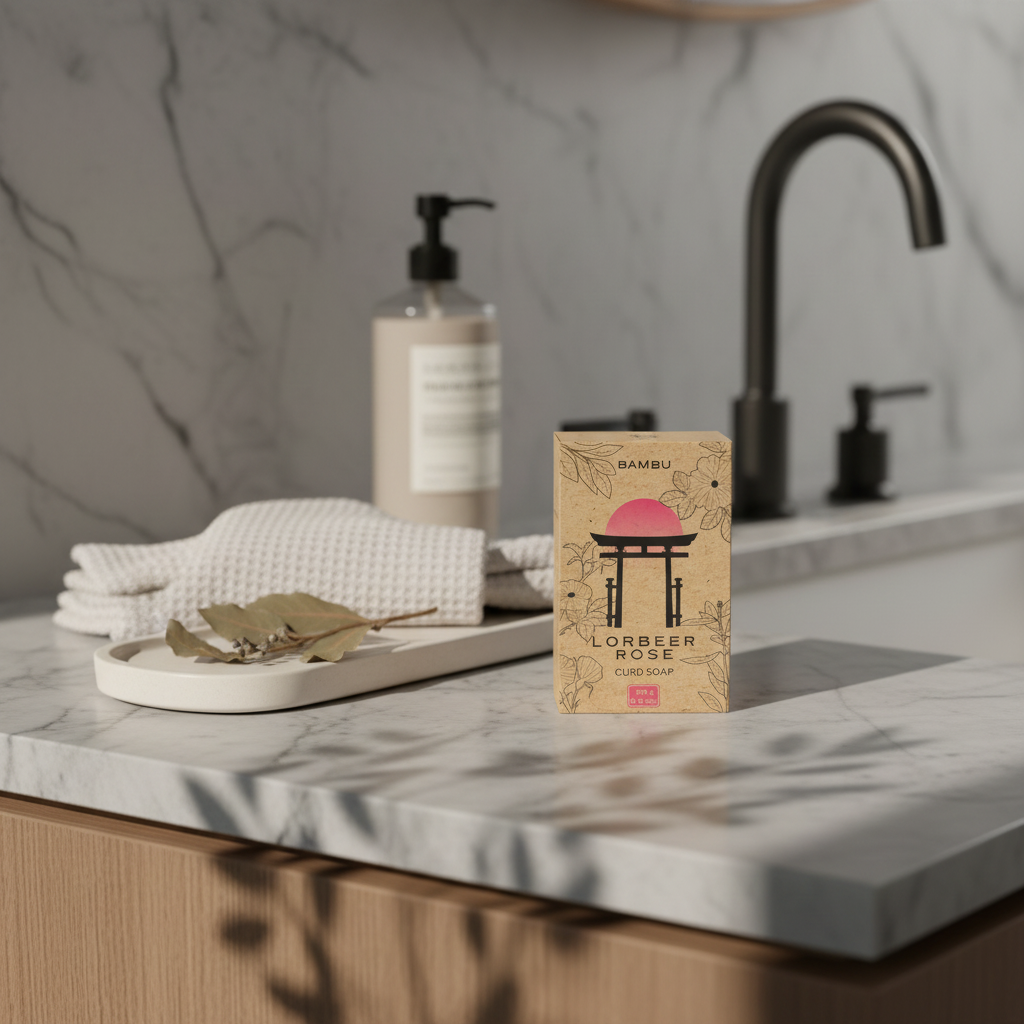 BAMBU Lorbeer Rose Seife im Badezimmer. Natürliche Pflege aus dem Schwarzwald