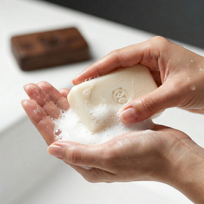 BAMBU Naturseife in der Hand – Lorbeer Rose 100g vegan