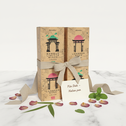 BAMBU 4er Seifenset – Lorbeer Rose und Bambus Limette Minze